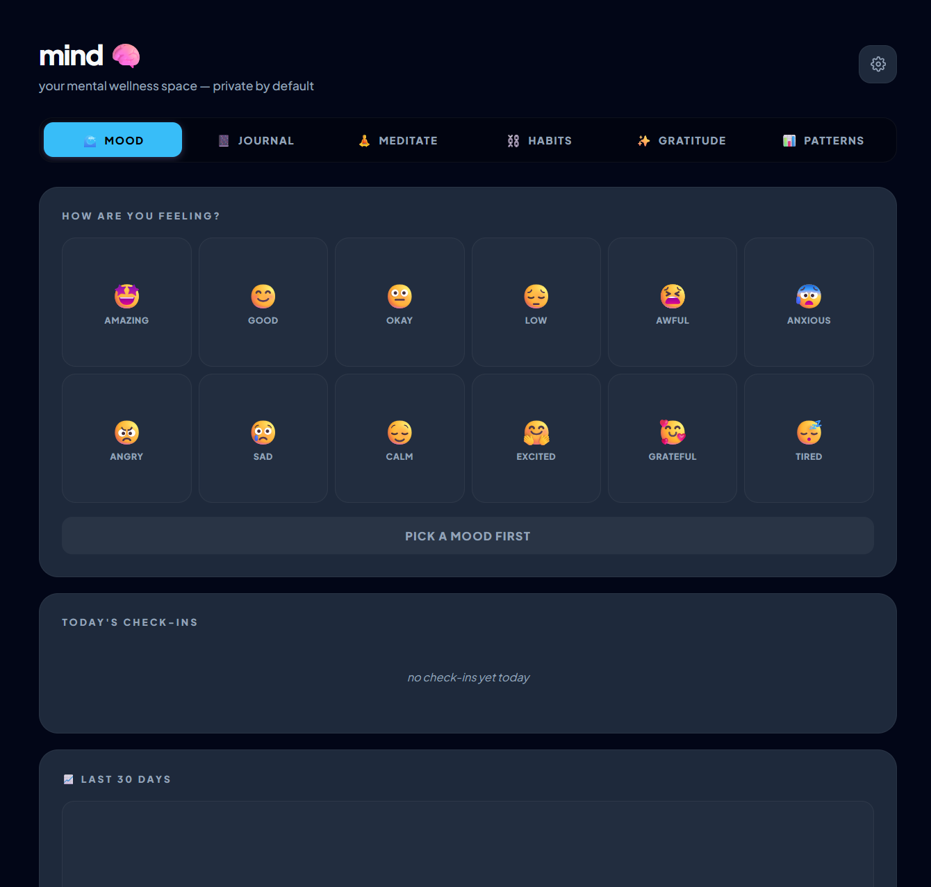 Mind page - mood tracker, journal, meditation, gratitude